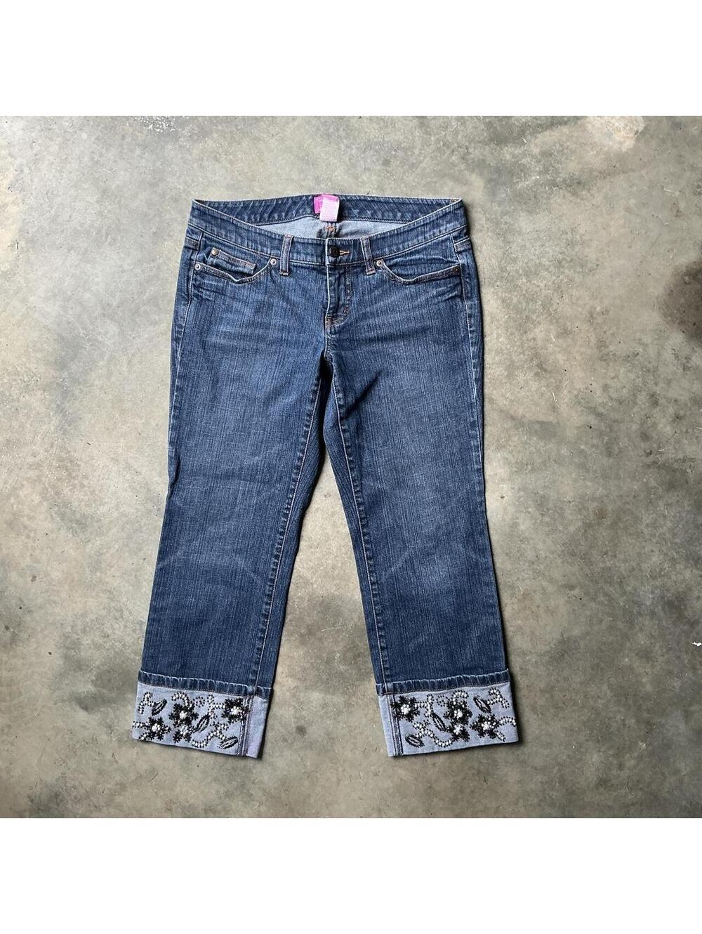 Y2K Sexy Dress Limited Jeans Embellished Cropped Jeans ✨ Beaded Cuffed Capris